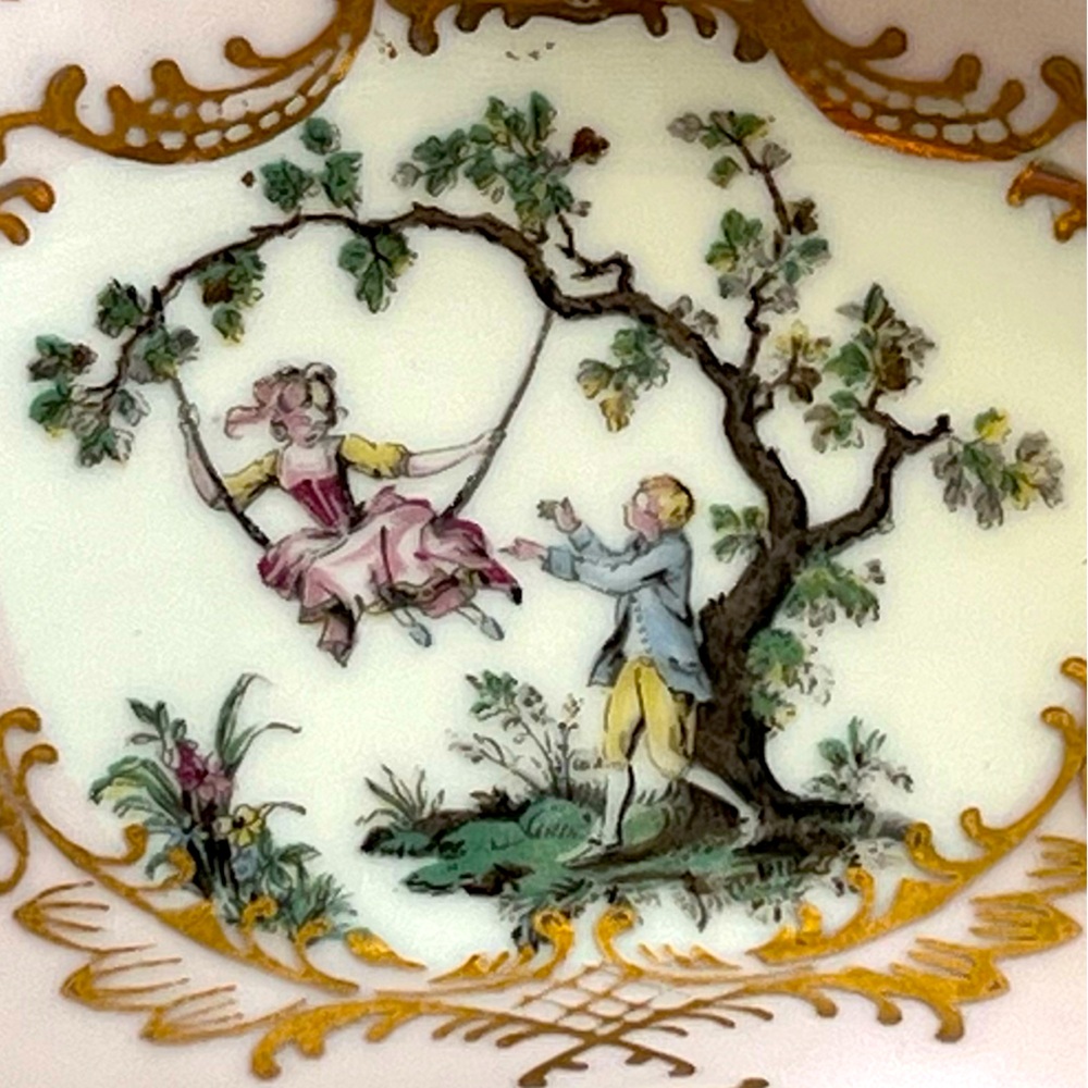 Vintage Kidney shaped BONE china DISH marked 7292 crescent tray woman on a swing